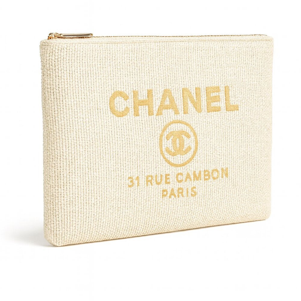 Chanel 31 Rue Cambon Canvas Pouch — Beige / Gold Logo