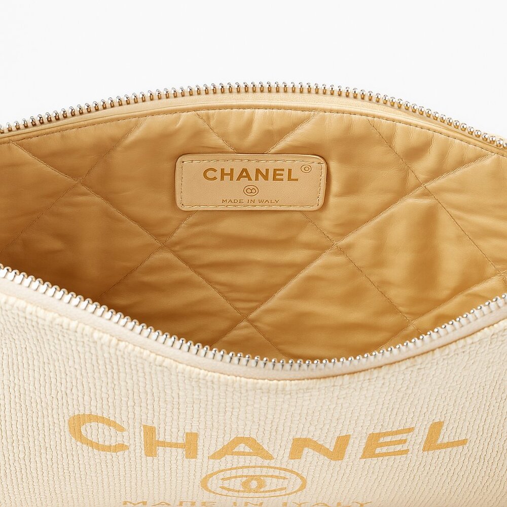 Chanel 31 Rue Cambon Canvas Pouch — Beige / Gold Logo