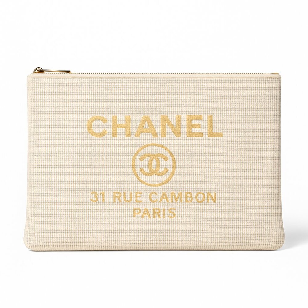 Chanel 31 Rue Cambon Canvas Pouch — Beige / Gold Logo