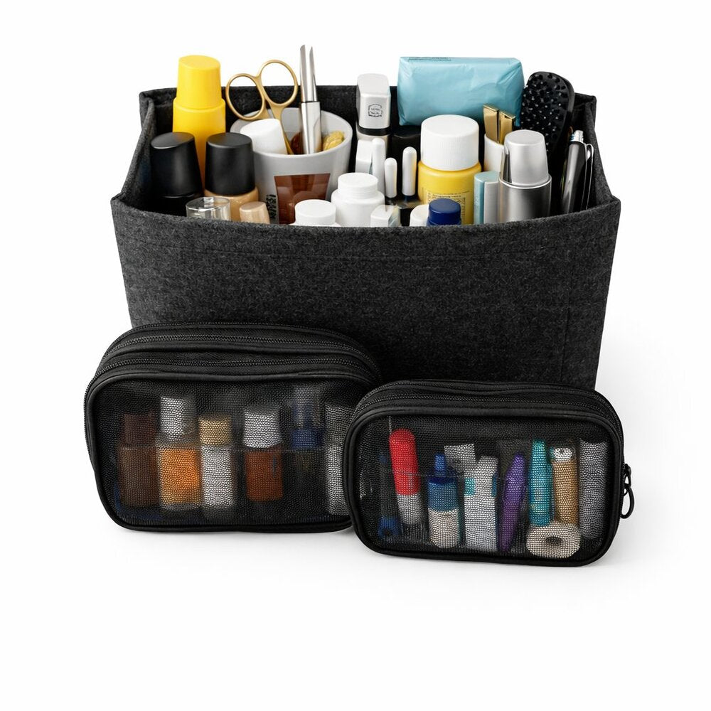 Bundle Deal – Makeup Cases + Handbag Insert Organizer – Black, Multi-Pocket